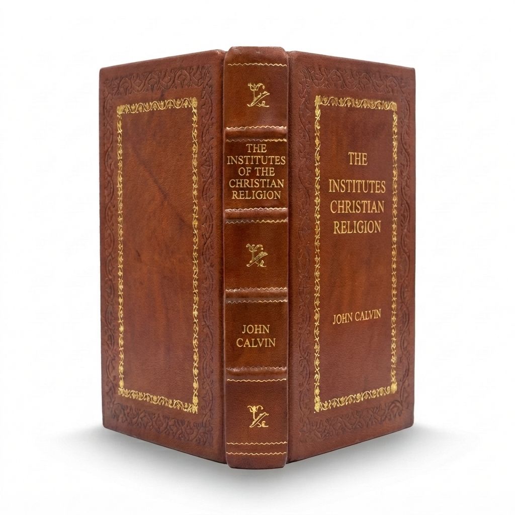 The Institutes of the Christian Religion by John Calvin — handcrafted leather bound edition with gold embossing