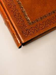 The Murder at the Vicarage - Handcrafted deep brown leather binding detail