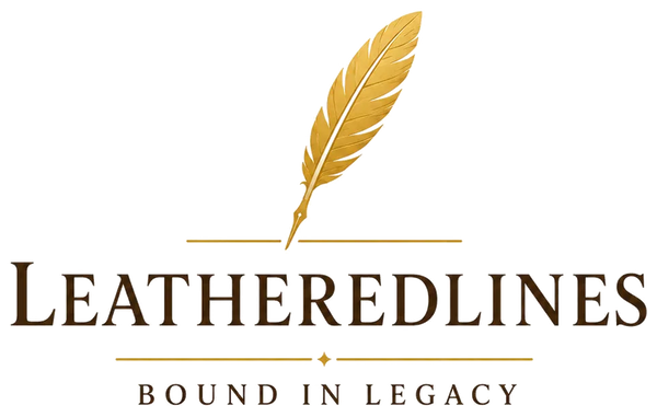 Leathered Lines logo featuring a gold feather above dark brown serif text reading 'LEATHEREDLINES' and 'BOUND IN LEGACY' on a white background