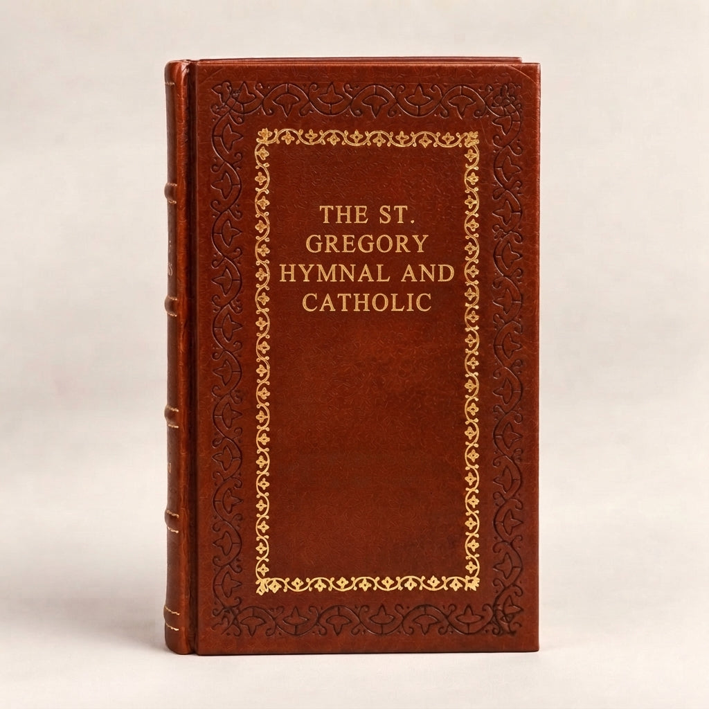 The St. Gregory Hymnal and Catholic Choir Book leather-bound edition with gold-tone foil spine