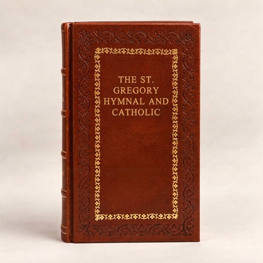 The St. Gregory Hymnal and Catholic Choir Book leather-bound edition with gold-tone foil spine